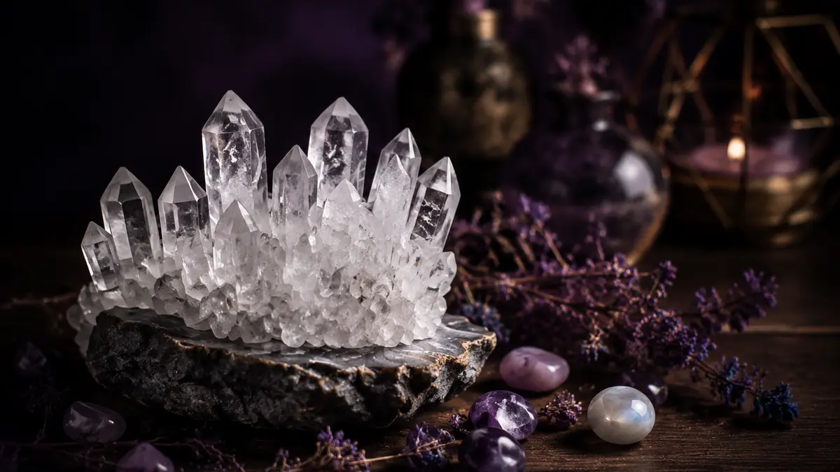 Clear quartz crystal cluster with polished stones Clear quartz crystal cluster with polished stones