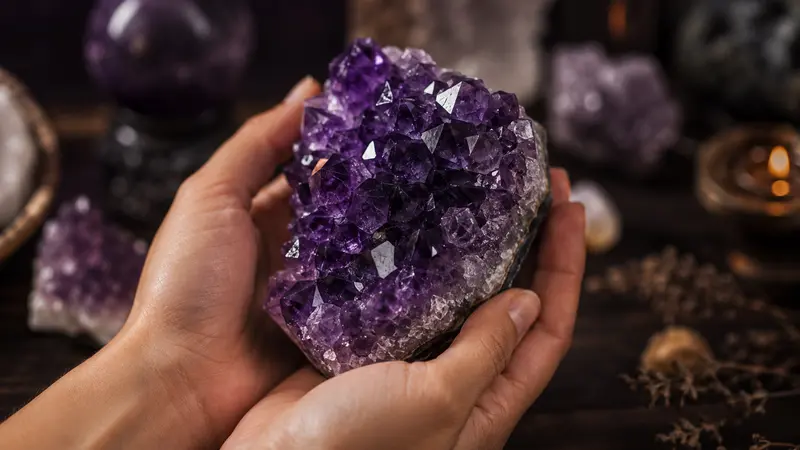 Crystal guides and metaphysical education Hands holding an amethyst crystal cluster