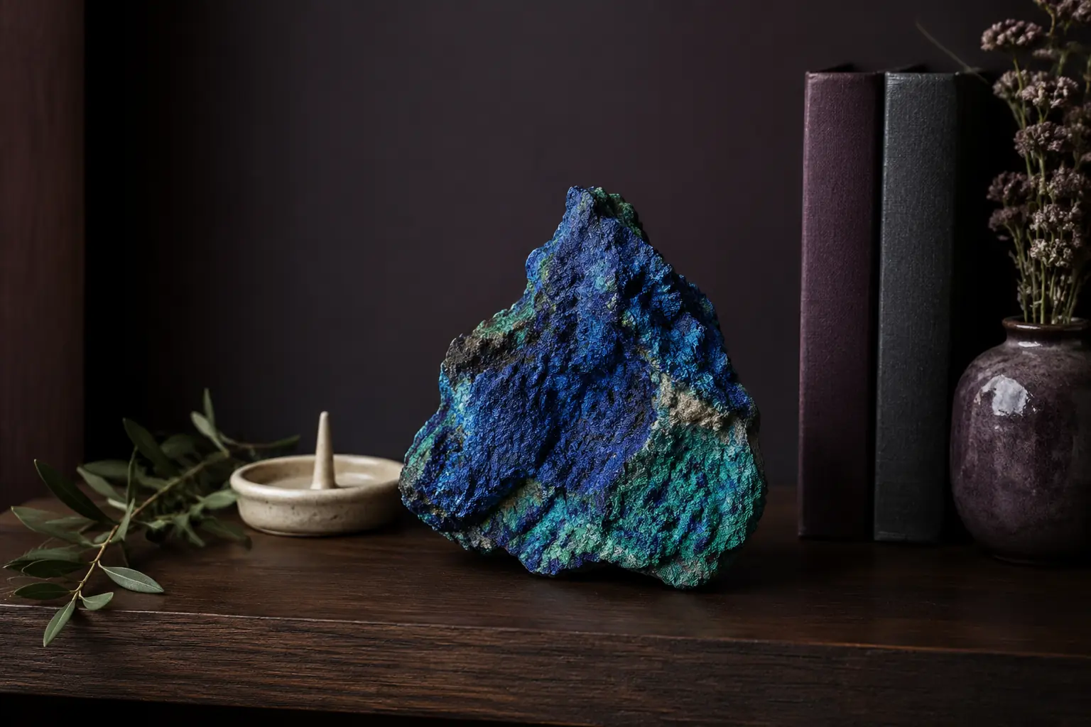 Azurite stone displayed as a focal point on a styled home shelf