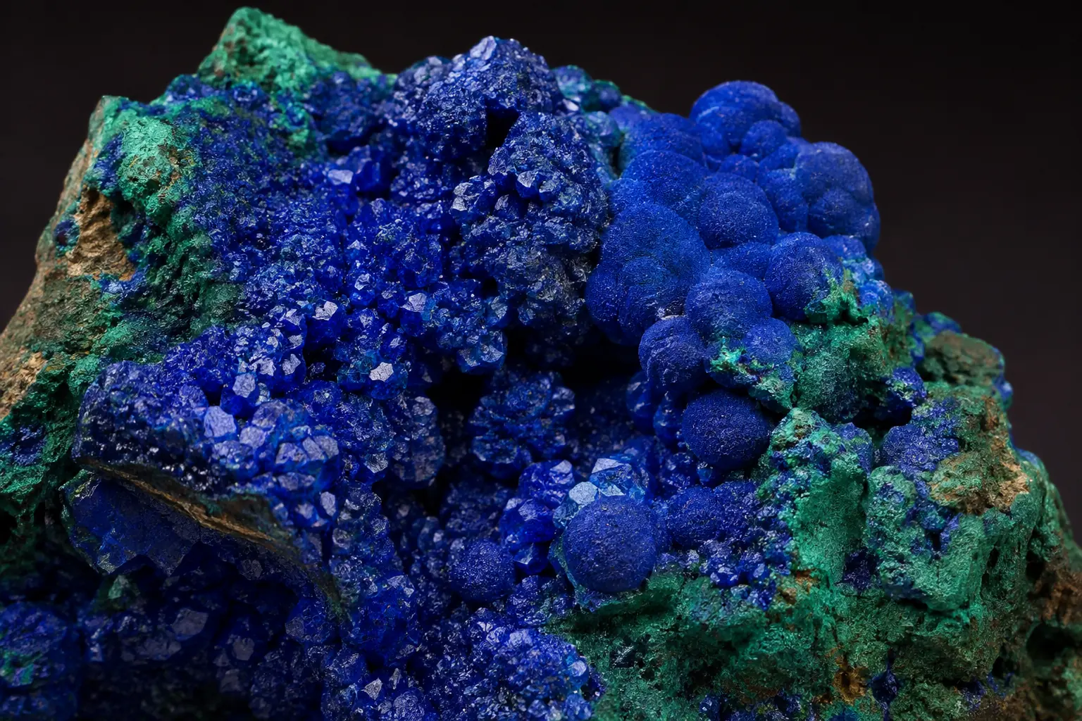 Close view of blue azurite and green malachite mineral texture