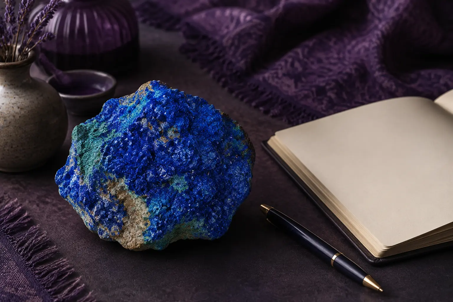 Azurite crystal meaning meditation scene with a blue azurite mineral beside an open journal